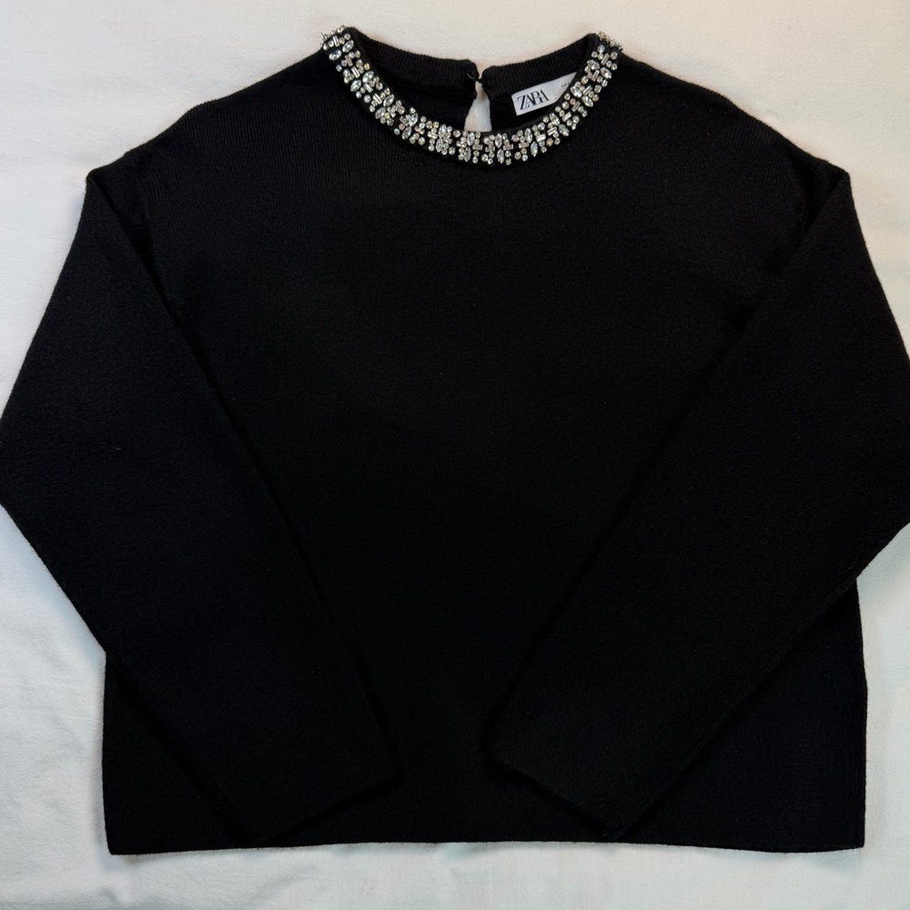 Zara Jewel Neck Black Knit Sweater Small EUC - Picture 5 of 13